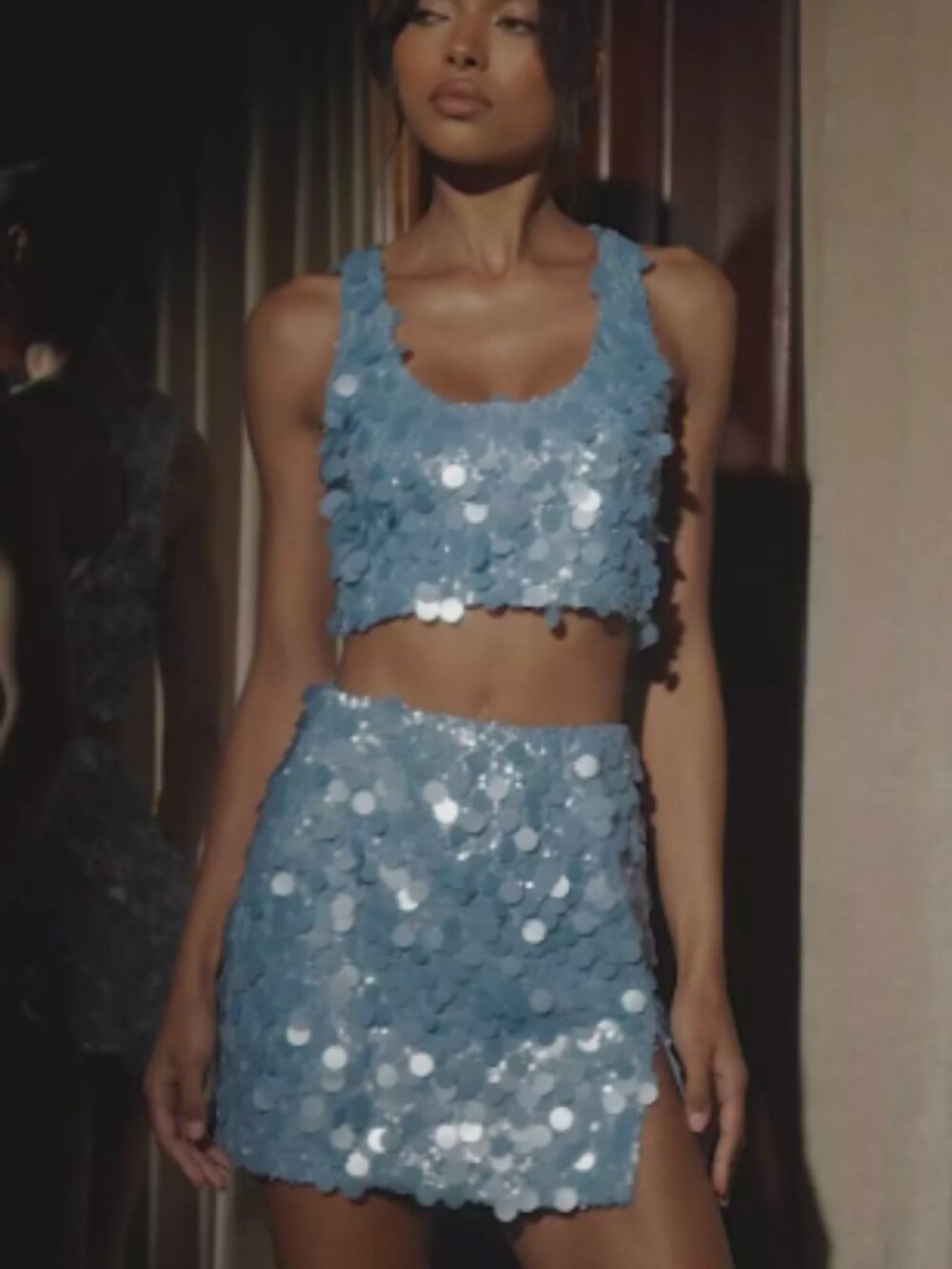 Meshki Maude Transparent Sequin Racer Crop Top & Sequin Mini Skirt - Picture 2 of 3